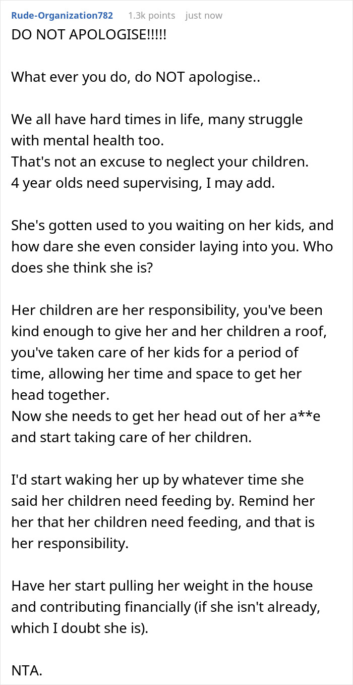 Reddit comment advising not to apologize for taking care of sister&rsquo;s kids and encouraging her to take responsibility.