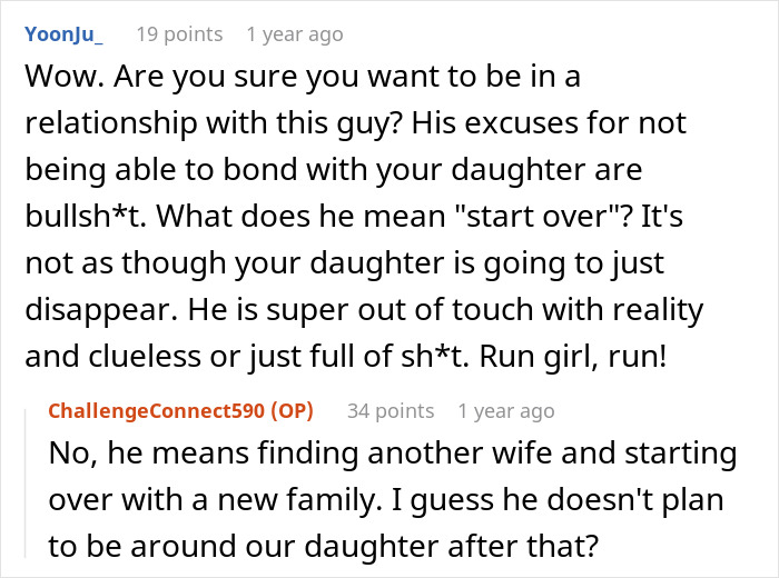 Online discussion excerpt showing users debating a man&rsquo;s refusal to bond with his cesarean baby daughter and demand for divorce.