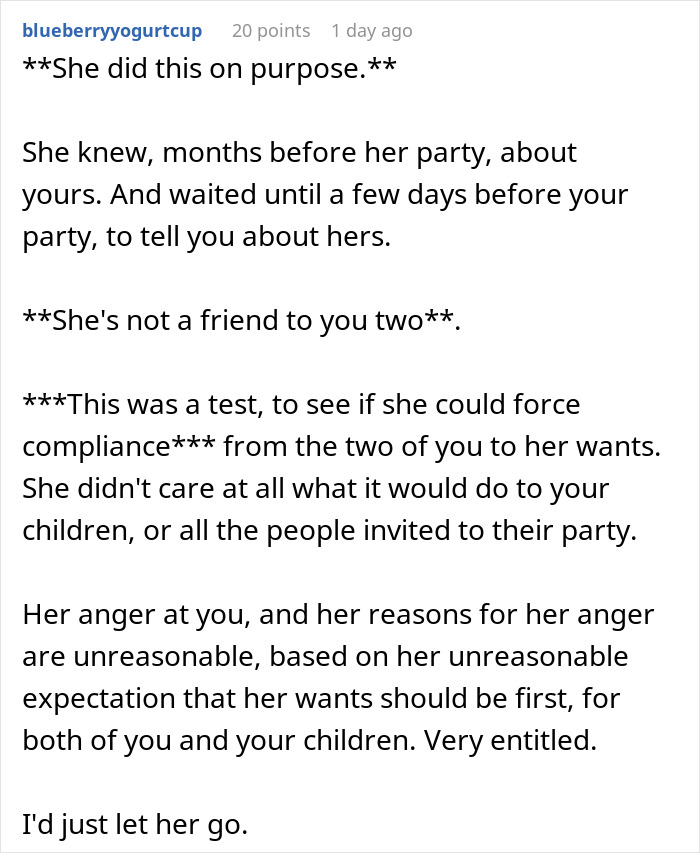 Text excerpt explaining a friend&rsquo;s unreasonable demand to cancel a kid&rsquo;s party to attend her kid&rsquo;s party, showing entitlement.