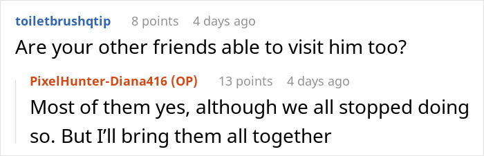 Screenshot of an online discussion where a user asks about friends visiting and another responds about bringing them together.