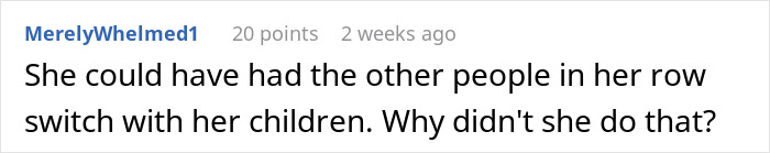 Comment discussing a mom insisting a woman give up her seat on a long flight and the resulting tantrum when refused.