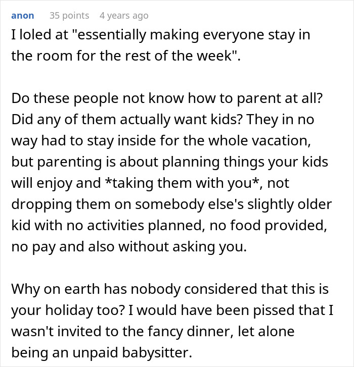 Screenshot of a discussion about a 17-year-old refusing to babysit multiple kids during a family vacation meltdown.
