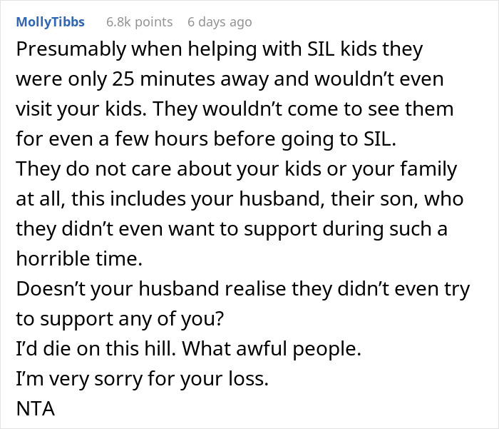 Comment discussing a woman criticized for cutting contact with in-laws who ignored their dying granddaughter&rsquo;s situation.