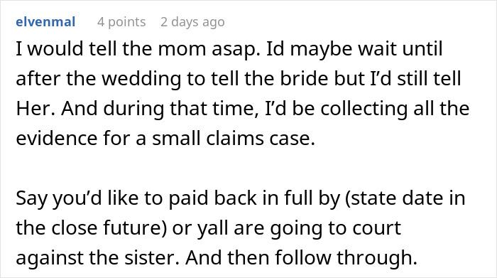 Comment advising to inform the mom and gather evidence for a small claims case over MOH overcharging the bachelorette.