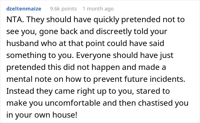 Comment discussing a woman walking in on SIL sunbathing topless and the resulting accusation about exposing herself to family.