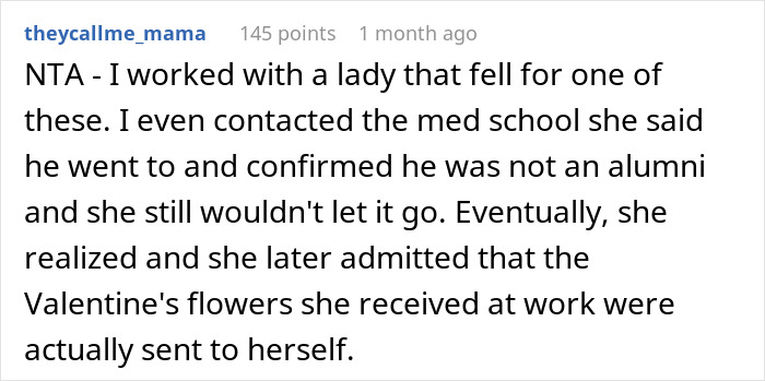 Screenshot of a Reddit comment describing a woman who fell for a romance scam despite warnings from a coworker. Screenshot of a Reddit comment describing a woman who fell for a romance scam despite warnings from a coworker.