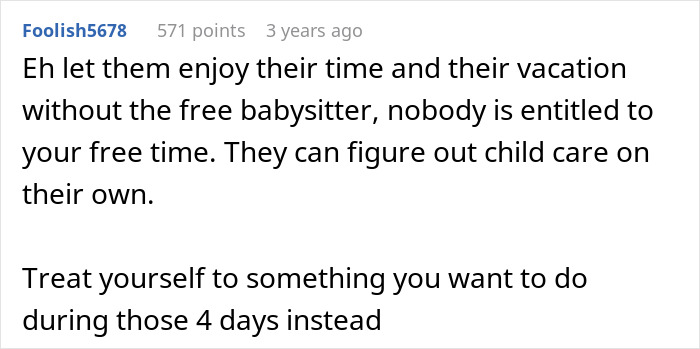 Comment discussing family holiday babysitting expectations, encouraging self-care and setting boundaries during vacation time.