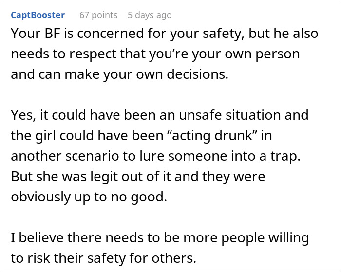 Comment about a guy losing it after his girlfriend confronts two men trying to kidnap a drunk girl for safety. Comment about a guy losing it after his girlfriend confronts two men trying to kidnap a drunk girl for safety.