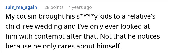 Comment text on a forum about a relative&rsquo;s childfree wedding and family reactions to kids attending the event.