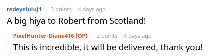 Reddit user comments with text about greeting Robert from Scotland and a positive response in a thread.
