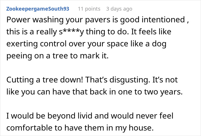Commenter expressing outrage over MIL landscaping garden without permission, describing it as disrespectful and invasive behavior.
