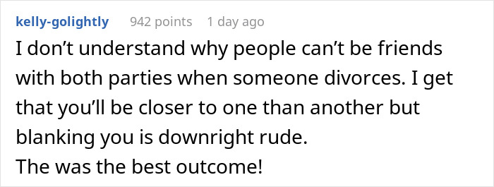 Comment discussing friendships after divorce and a positive outcome of a friend ghosting then recommending for a job.