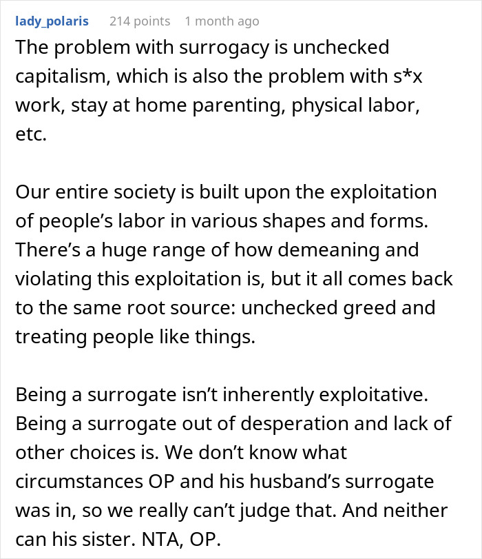 Comment discussing surrogacy as a form of unchecked capitalism and labor exploitation in society.