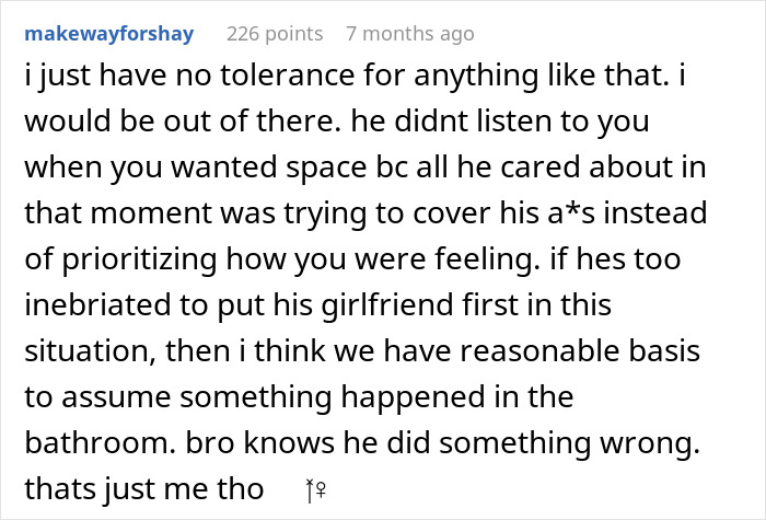 Comment discussing a party incident caught in bathroom with fiancé and cousin claiming innocence but doubted by woman. Comment discussing a party incident caught in bathroom with fiancé and cousin claiming innocence but doubted by woman.