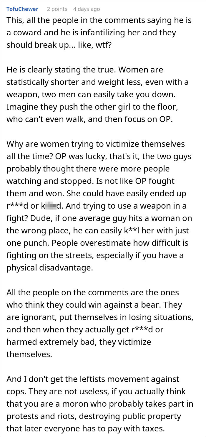 Comment discussing risks and reactions after two men try to kidnap a drunk girl, focusing on physical danger and victimization. Comment discussing risks and reactions after two men try to kidnap a drunk girl, focusing on physical danger and victimization.