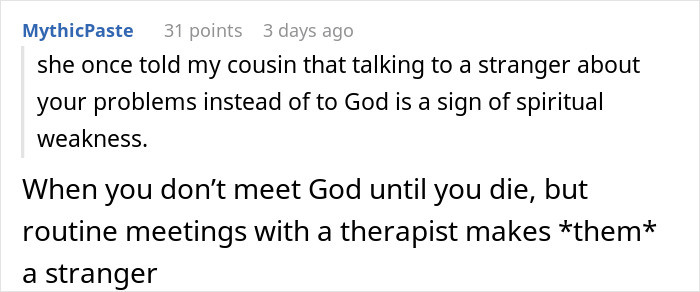 Text post discussing a Christian woman who doubts therapy and doesn't understand her niece uses it for help.