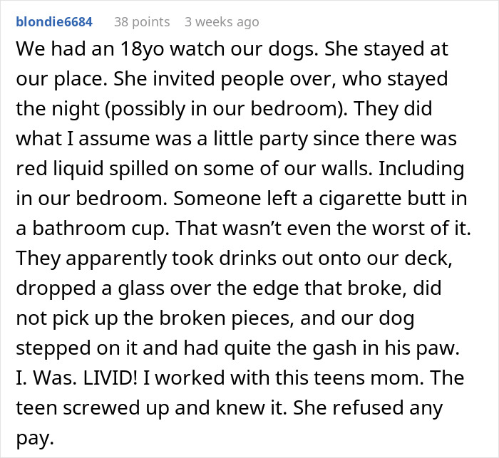Alt text: User sharing a story about refusing to pay a cat-sitter after damage and rule-breaking during pet sitting.
