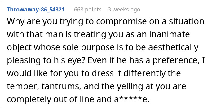 Comment criticizing a guy waking up his girlfriend to yell at her for not wearing sexy clothes, calling his behavior disrespectful.