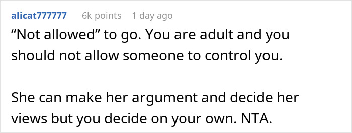 Reddit user alicat777777 commenting on being an adult and deciding views independently about transphobia support.