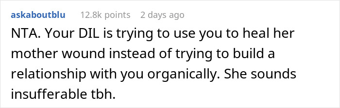 Screenshot of a Reddit comment discussing a daughter-in-law trying to build a relationship with mother-in-law but being rejected.