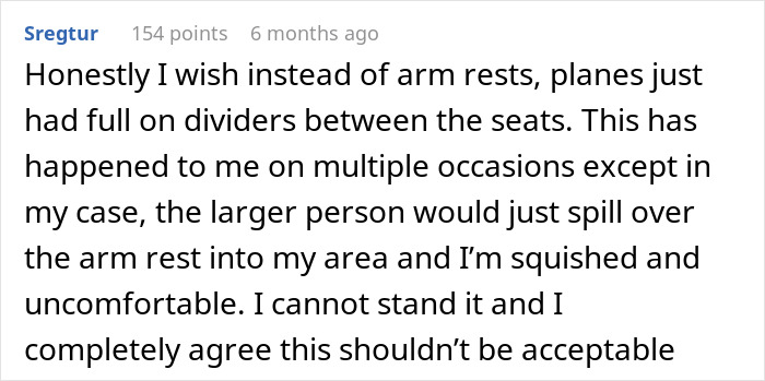 Comment discussing discomfort caused by an obese woman forcing a passenger to raise their armrest on a flight.