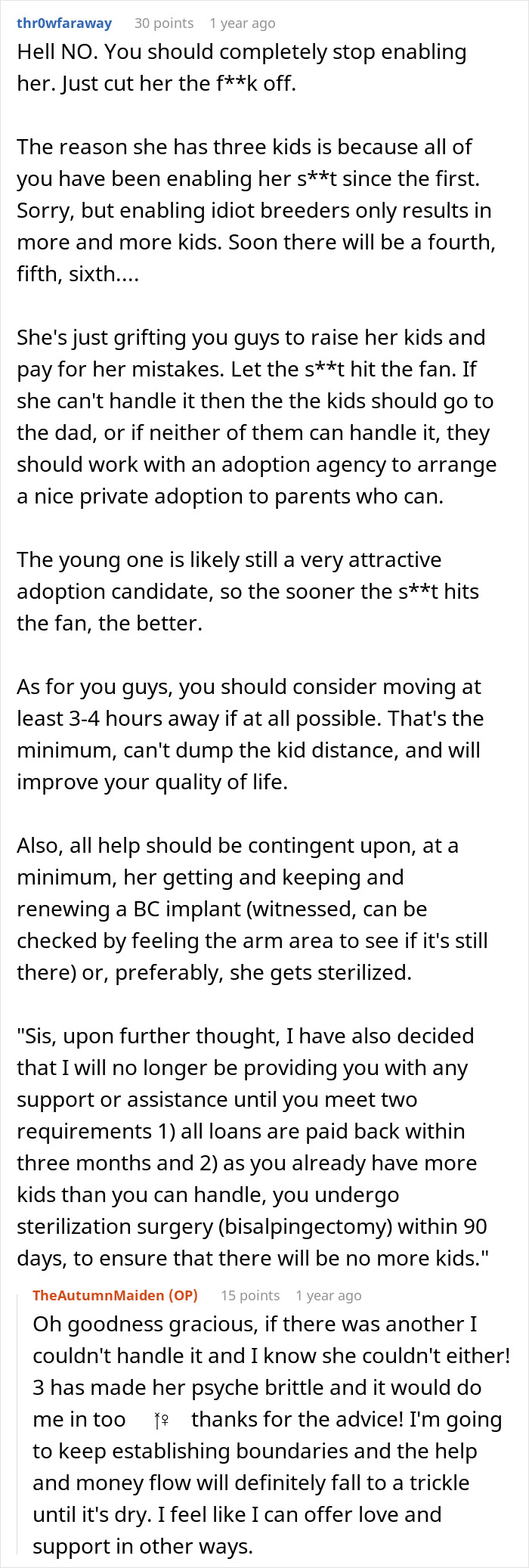 Screenshot of a Reddit discussion about child-free lady warning sis against too much babysitting and setting boundaries.