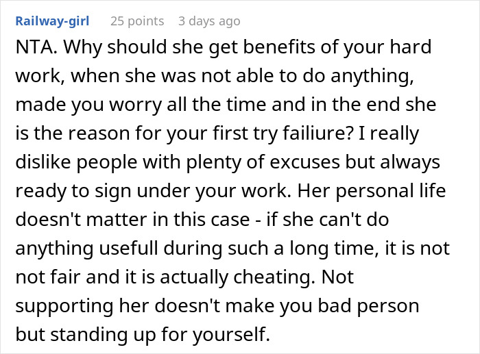 Comment on woman at risk of not graduating after failing to contribute to shared thesis, discussing fairness and accountability.