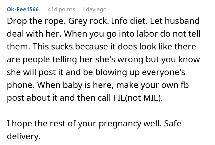 Screenshot of a Reddit comment advising on handling a MIL hijacking a pregnancy announcement on Facebook.