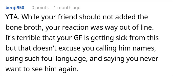 User comment discussing a friend adding bone broth to soup served to a meat-allergic woman, causing a strong reaction.