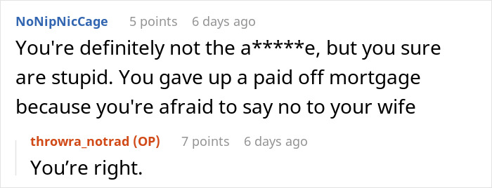 Reddit comment thread discussing a husband&rsquo;s response to his wife asking him to be a tradwife partner.