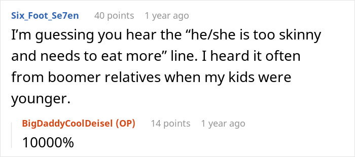 Screenshot of a Reddit comment discussing boomer relatives encouraging kids to eat more, undermining healthy habits.