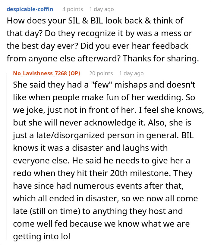 Reddit comment thread about a chaotic wedding described as sounding like a wedding on The Sims game with mishaps and disasters.