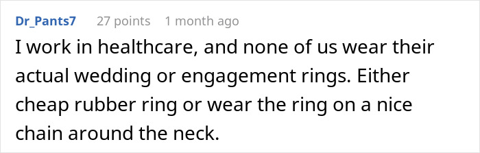 Comment about woman refusing to wear engagement ring, explaining alternative ways people wear rings like on a chain around the neck. Comment about woman refusing to wear engagement ring, explaining alternative ways people wear rings like on a chain around the neck.