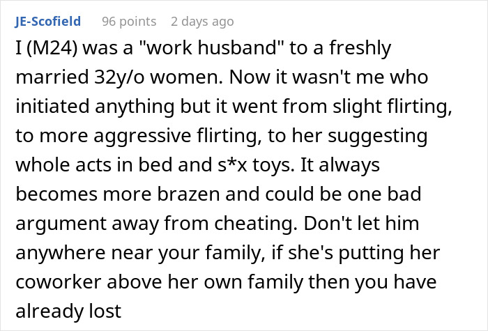 Text post discussing concerns about a work husband and refusing to let him join a family vacation.