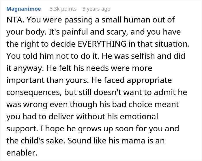 Comment discussing a man furious after wife removes him from delivery room over inappropriate prank and emotional support.