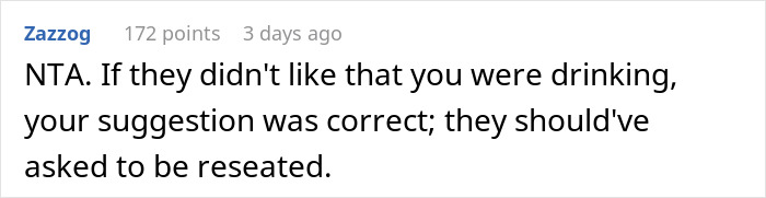 Screenshot of a Reddit comment discussing an entitled lady expecting a solo traveler to stop drinking alcohol.