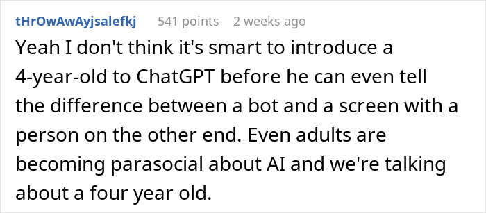 Comment discussing concerns about introducing a 4-year-old to ChatGPT and AI parasocial effects. Comment discussing concerns about introducing a 4-year-old to ChatGPT and AI parasocial effects.