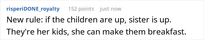 Text post reading a user comment about children and their mother, referencing playing chef for sister&rsquo;s kids while she sleeps till noon.
