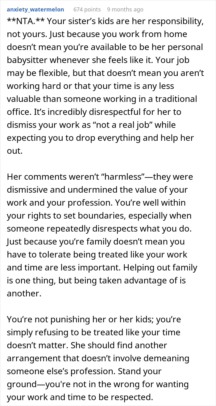 Reddit comment explaining why quitting babysitting is justified after sister claims job isn&rsquo;t real work.