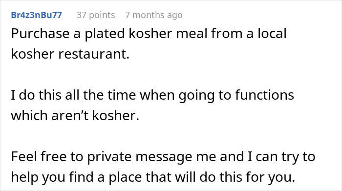 Comment suggesting to purchase kosher meals from a local restaurant for a kosher wedding meal request.