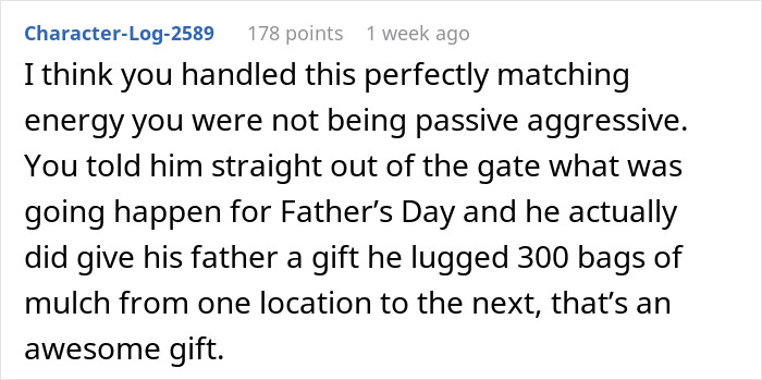 Commenter praises a man for skipping wife's Mother's Day to spend time with his mom, showing family loyalty.