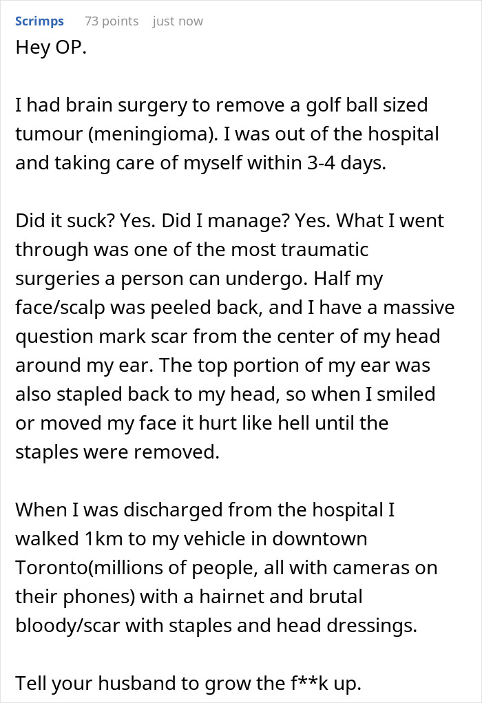 Comment discussing husband demanding wife cancel plans over hair transplant surgery, sharing personal surgery recovery experience.