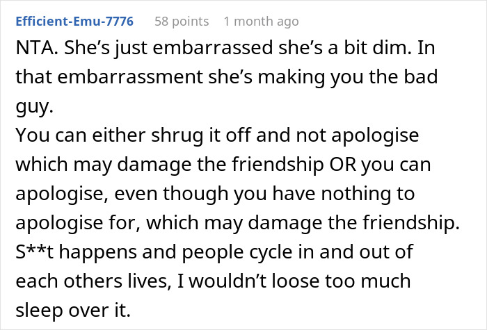 Screenshot of an online comment discussing a blunt woman's reason for not traveling with a friend and related embarrassment. Screenshot of an online comment discussing a blunt woman's reason for not traveling with a friend and related embarrassment.