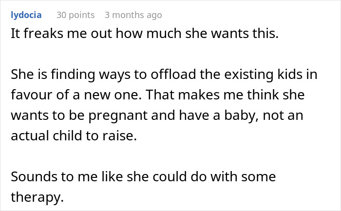 Screenshot of a comment discussing a wife obsessed with having more kids and the impact on her marriage. Screenshot of a comment discussing a wife obsessed with having more kids and the impact on her marriage.