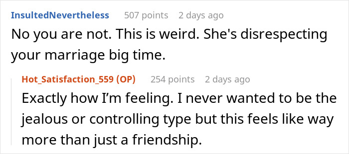 Reddit conversation discussing refusing to let wife&rsquo;s work husband join family vacation over concerns of jealousy and respect.