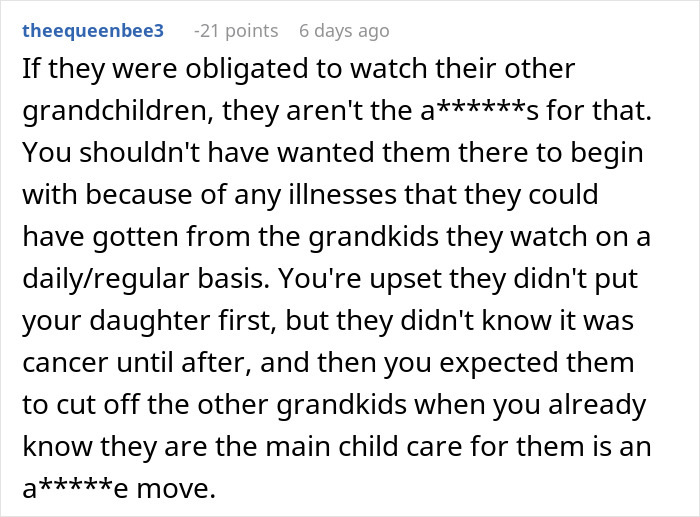 Reddit comment discussing woman bashed for cutting contact with in-laws who didn&rsquo;t visit their dying granddaughter.