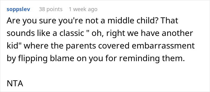 Comment discussing middle child dynamics and parental blame in a family vacation situation causing sibling discord. Comment discussing middle child dynamics and parental blame in a family vacation situation causing sibling discord.