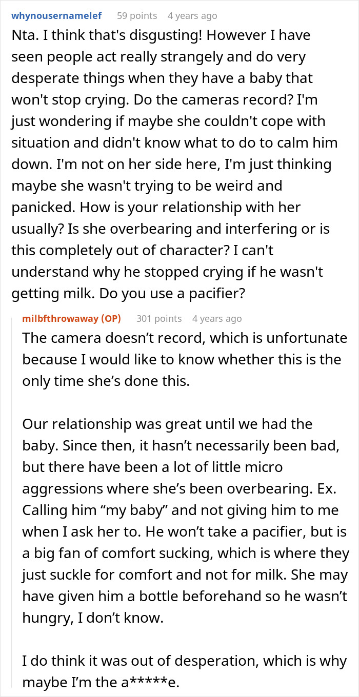 Mother-in-law caught trying to breastfeed baby she was watching, causing mom to be furious and confront the situation.