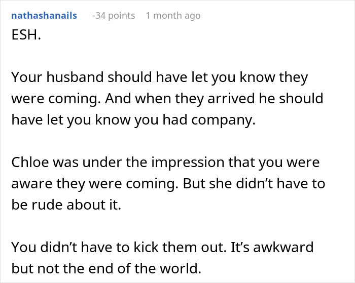 Comment discussing a woman walking in on SIL sunbathing topless, accusing her of exposing herself to husband and son.