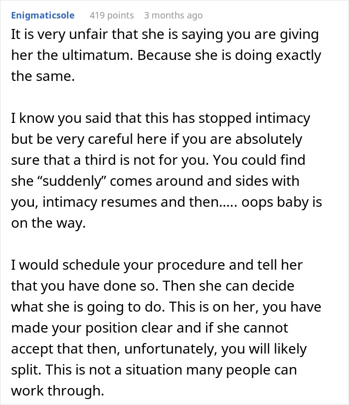 Comment discussing a wife obsessed with having more kids told to choose between marriage or a third child. Comment discussing a wife obsessed with having more kids told to choose between marriage or a third child.